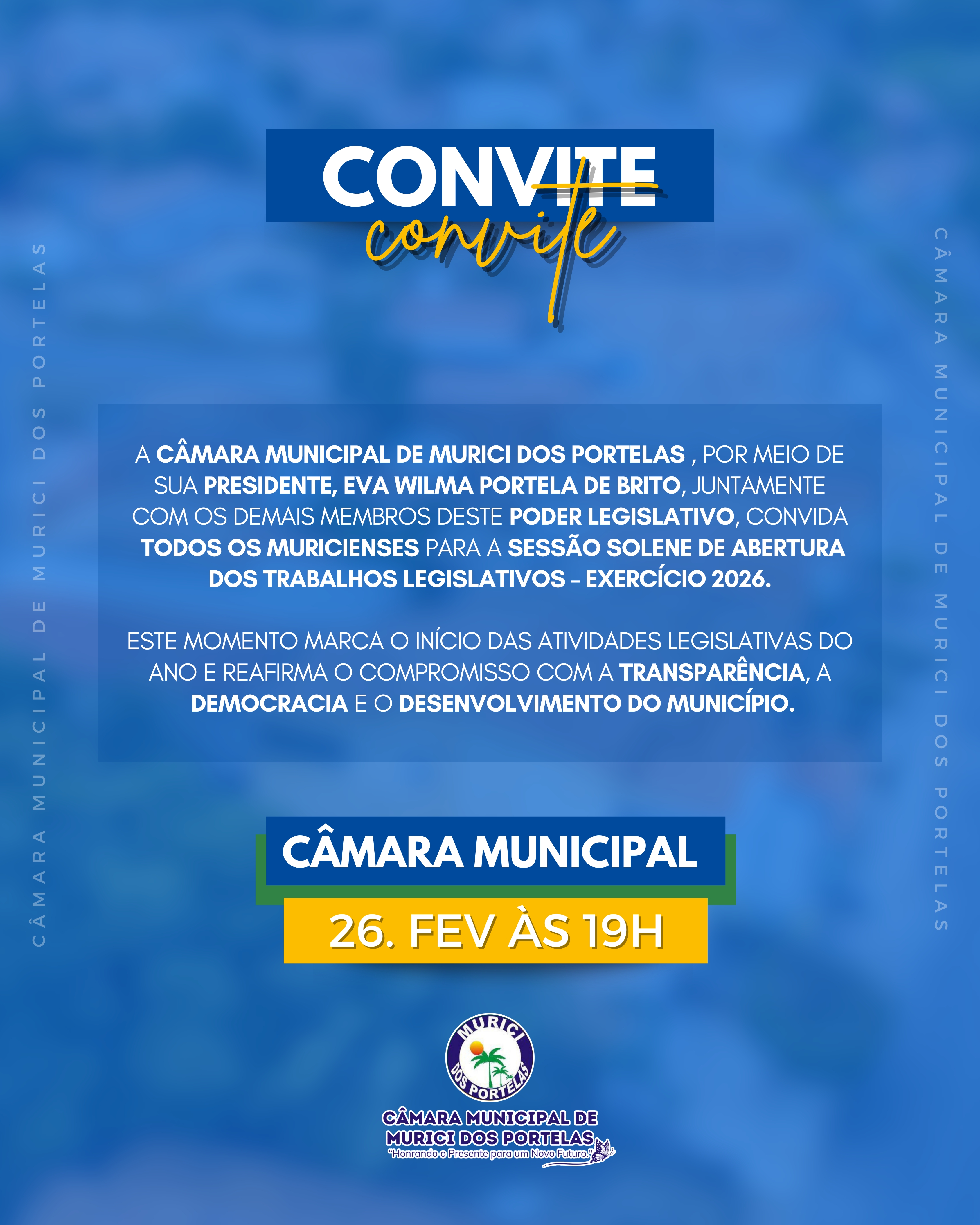 Câmara Municipal convida população para Sessão Solene de Abertura do Ano Legislativo de 2026