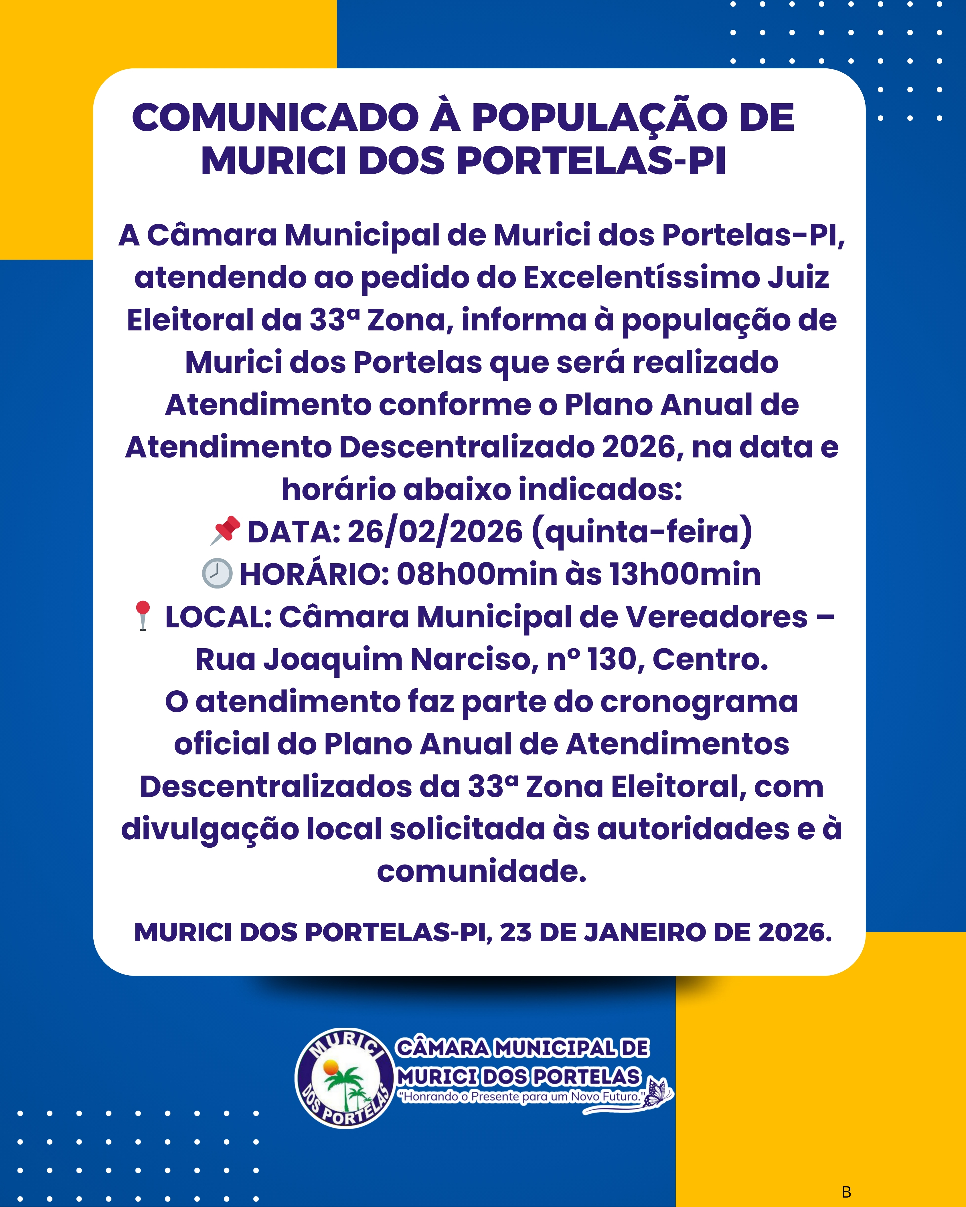 COMUNICADO OFICIAL: Atendimento Descentralizado da Justiça Eleitoral em Murici dos Portelas